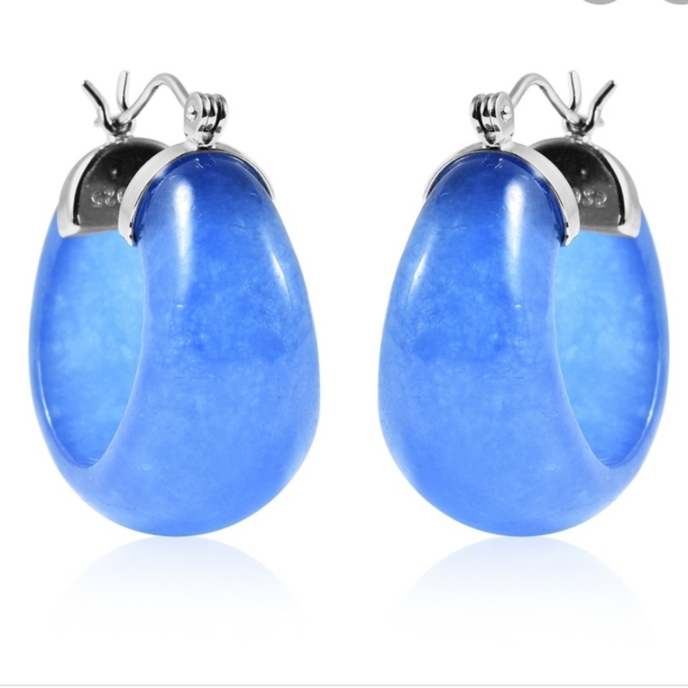 Shop LC Blue Dyed Jade Hoop Earrings 925 Silver Rhodium Plated